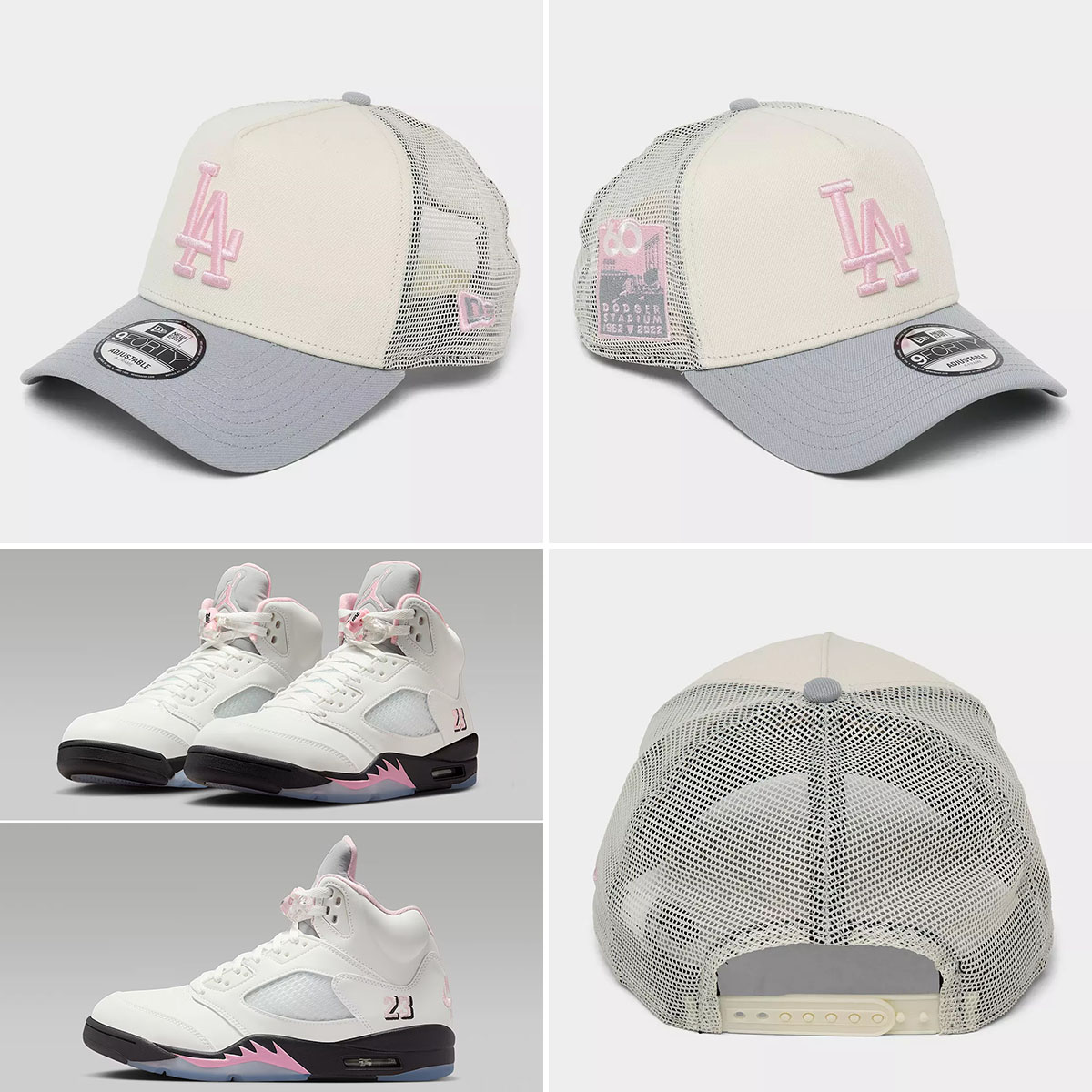 Air Jordan 5 Medium Soft Pink x New Era Dodgers Trucker Cap Snapback Hat