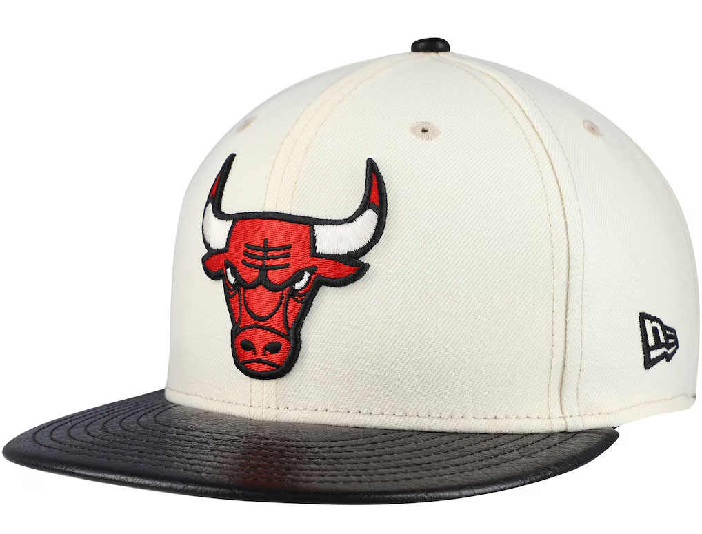 Chicago Bulls New Era Faux Leather Visor Two Tone 59FIFTY Fitted Hat Cream Black Red