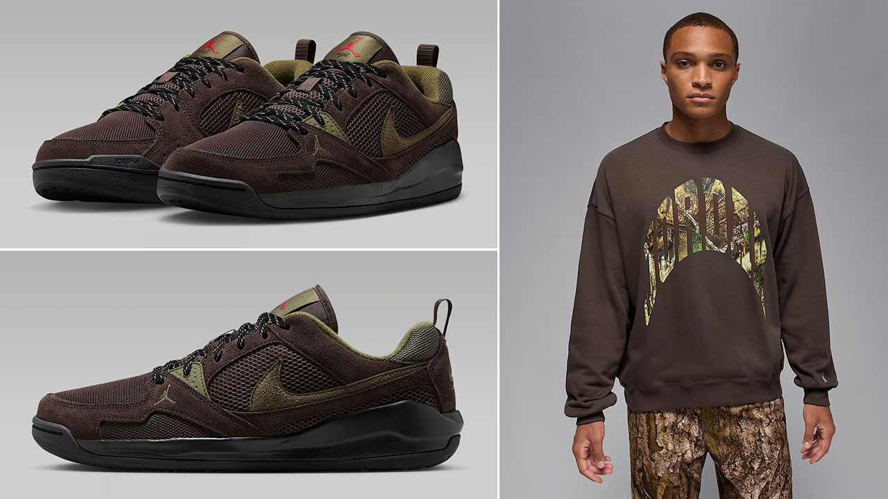 Jordan CMFT Era Baroque Brown Black Gym Red Medium Olive Mens Shoes x Jordan Brooklyn Fleece Mens Realtree Camo Sweatshirt Outfit