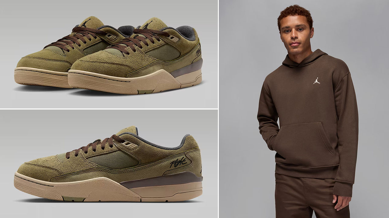 Jordan Flight Court Medium Olive Khaki Baroque Brown Shoes Hoodie Outfit