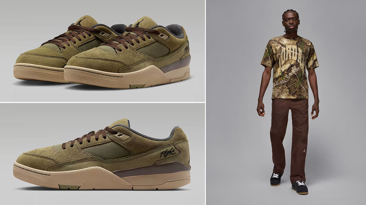 Jordan Flight Court Medium Olive Khaki Baroque Brown Shoes Shirt Pants Outfit