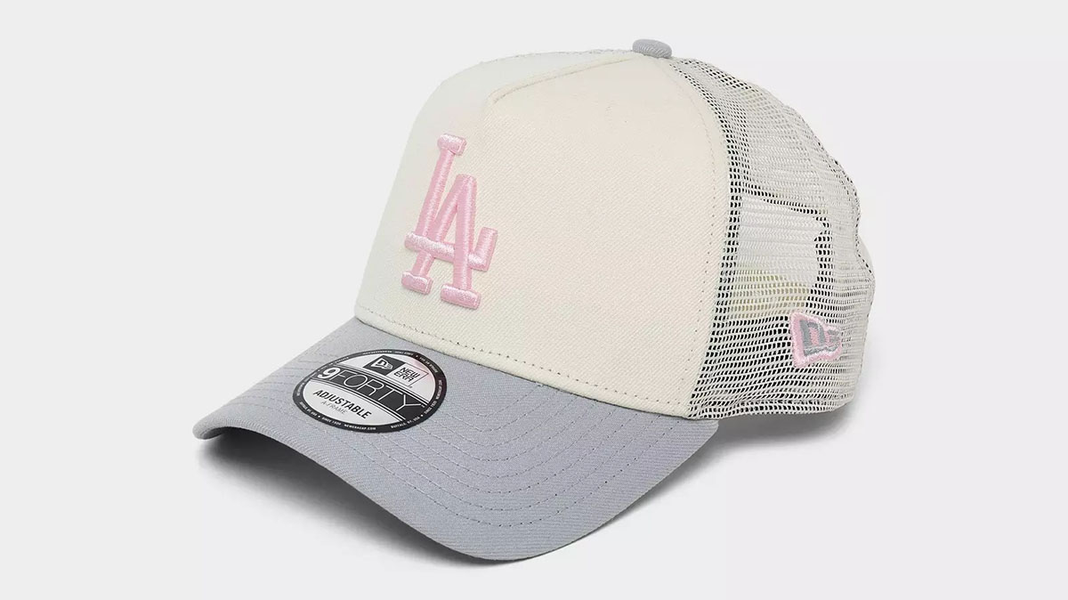 New Era Dodgers 9Forty Trucker Cap Snapback Hat Chrome Grey Pink 1