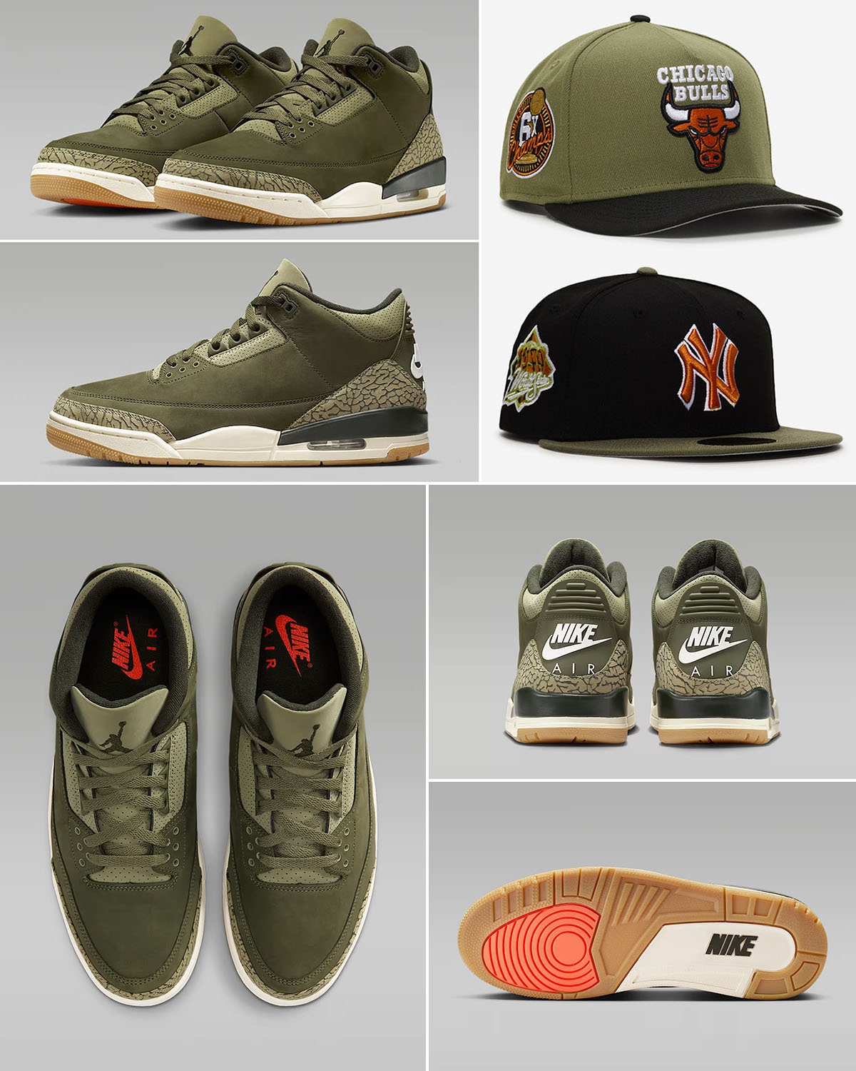 New Era Snapback and Fitted Hats to Match Air Jordan 3 Famiy Affair Medium Olive Sneakers
