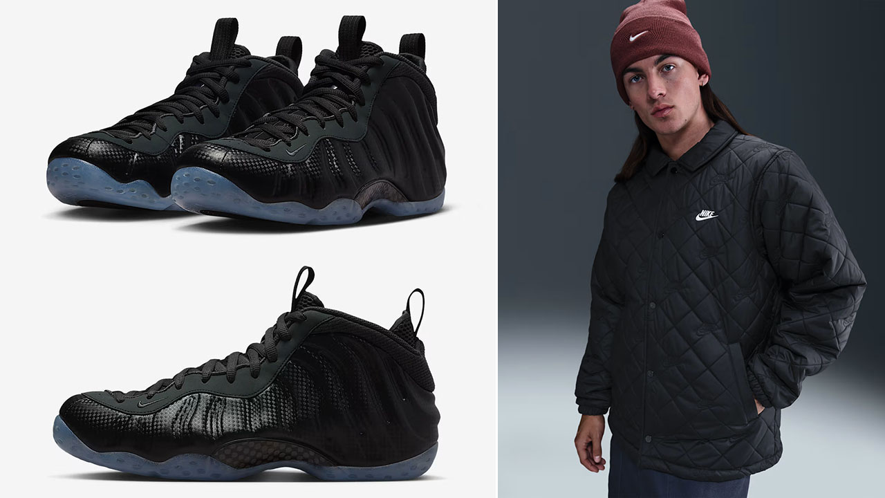 Nike Air Foamposite One Carbon Fiber x Nike Club Mens Quilted Coaches Jacket Outfit