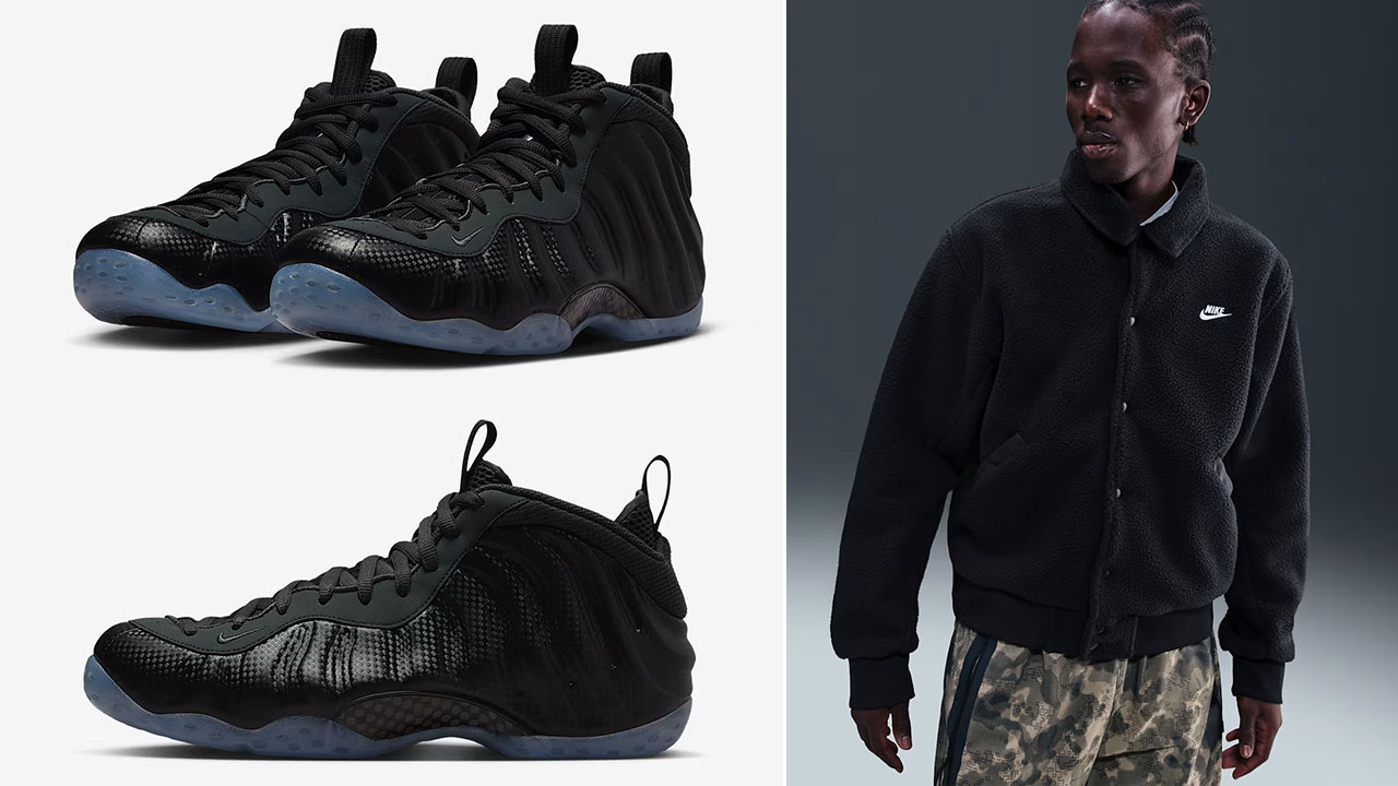 Nike Air Foamposite One Carbon Fiber x Nike Sportswear Club Mens High Pile Fleece Coaches Jacket Outfit