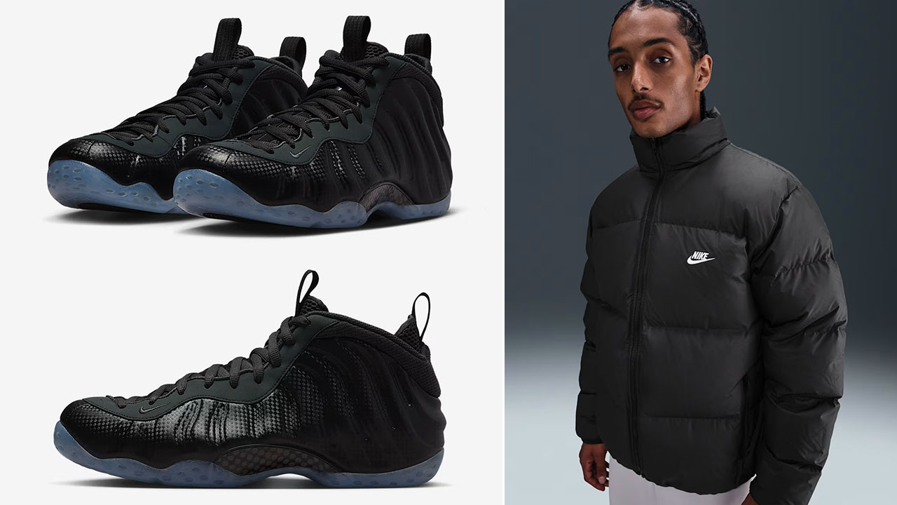 Nike Air Foamposite One Carbon Fiber x Nike Sportswear Club Mens Therma FIT Puffer Jacket Outfit