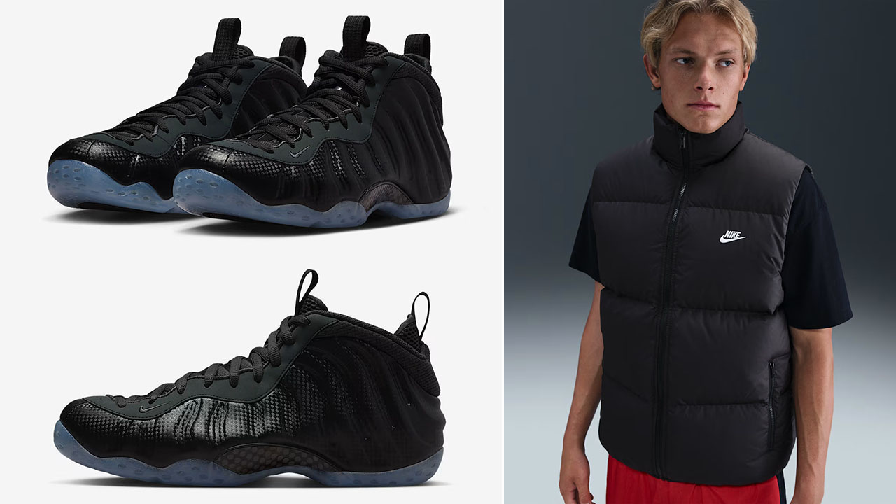 Nike Air Foamposite One Carbon Fiber x Nike Sportswear Club Mens Therma FIT Puffer Vest Outfit