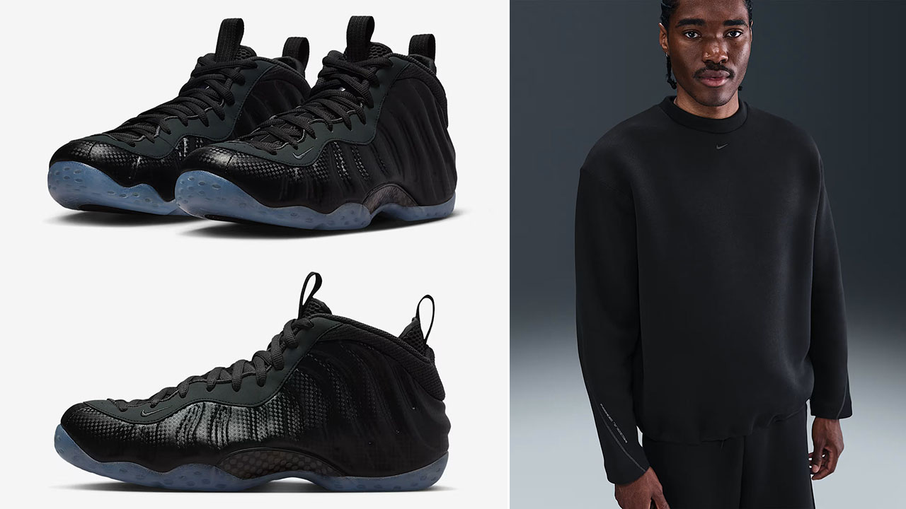 Nike Air Foamposite One Carbon Fiber x Nike Tech Fleece Loose Fit Black Crew Sweatshirt Outfit