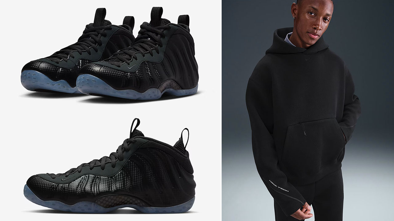 Nike Air Foamposite One Carbon Fiber x Nike Tech Fleece Loose Fit Black Pullover Hoodie Outfit