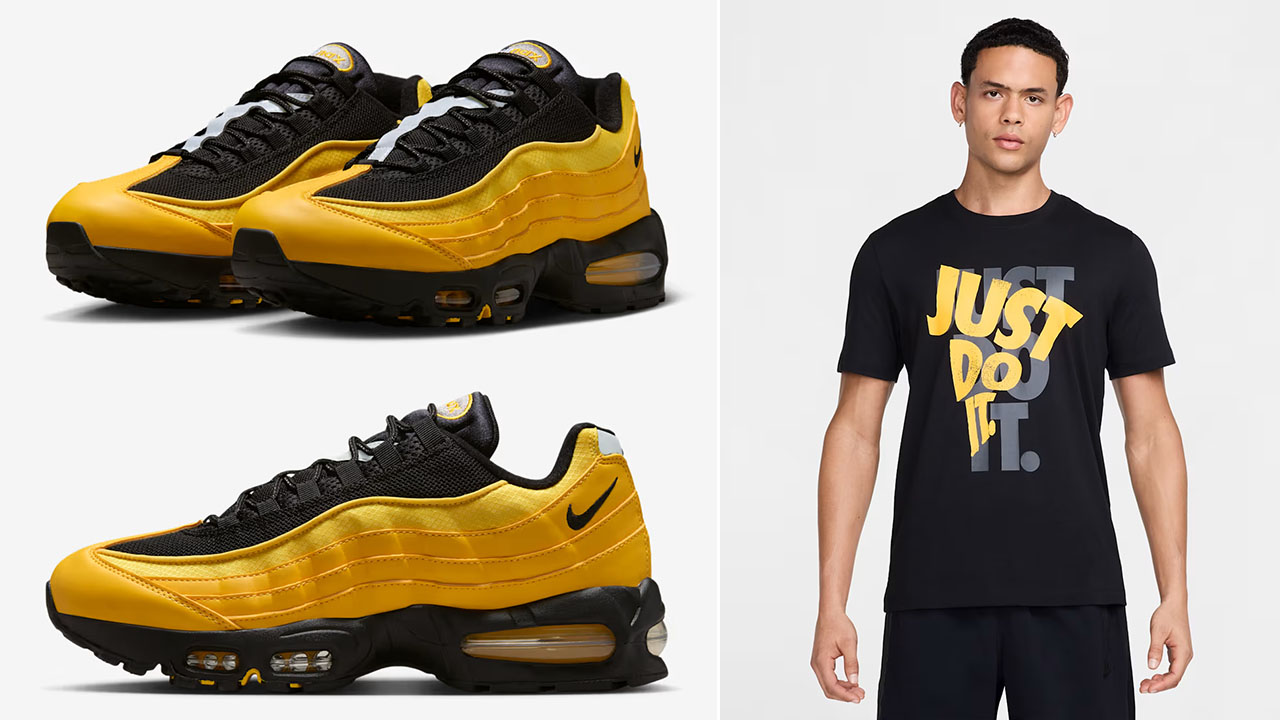 Nike Air Max 95 Big Bubble Varsity Maize Black Metallic Silver Mens Shoes x Nike Sportswear Just Do It T Shirt Outfit