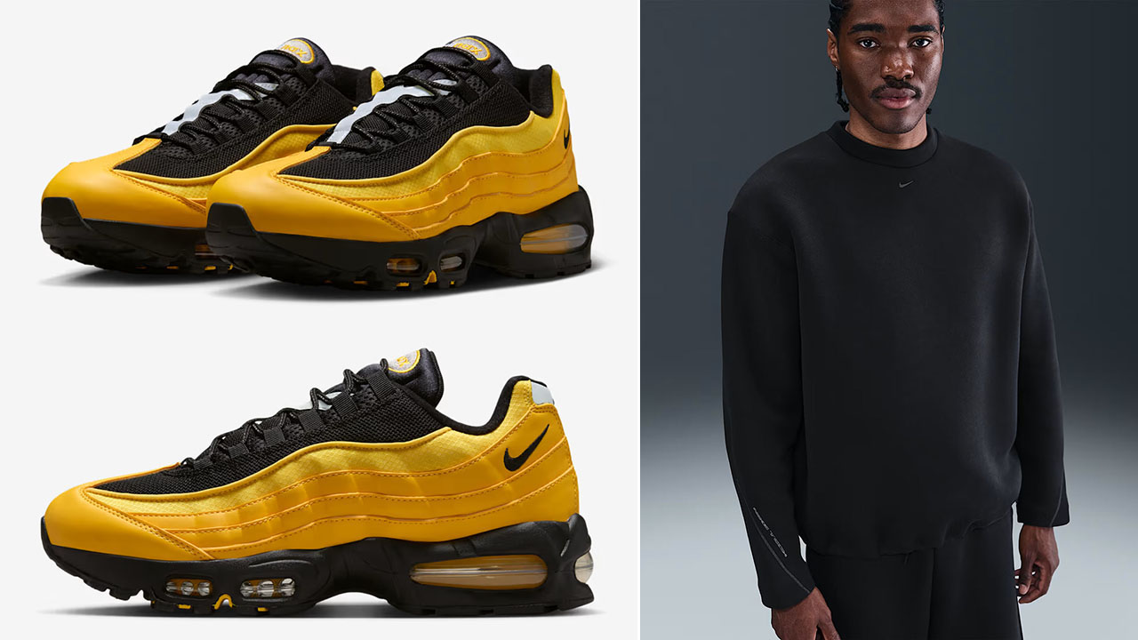 Nike Air Max 95 Big Bubble Varsity Maize Black Metallic Silver Mens Shoes x Nike Tech Fleece Loose Fit Crew Sweatshirt Outfit