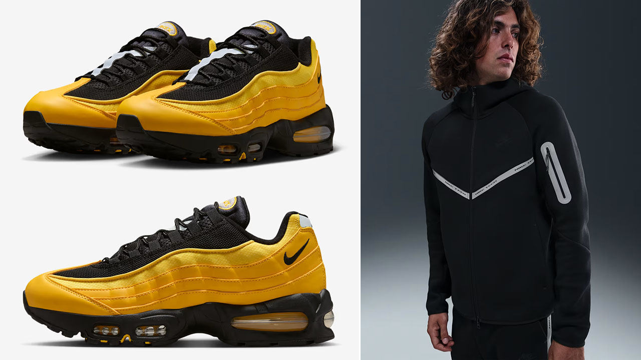 Nike Air Max 95 Big Bubble Varsity Maize Black Metallic Silver Mens Shoes x Nike Tech Fleece Windrunner Hoodie Jacket Outfit