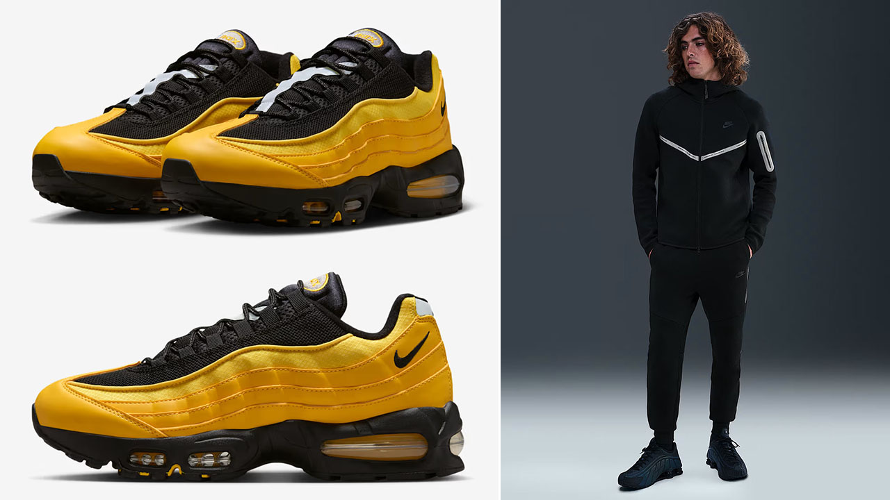Nike Air Max 95 Big Bubble Varsity Maize Black Metallic Silver Mens Shoes x Nike Tech Fleece Windrunner Hoodie Jacket and Jogger Pants Outfit