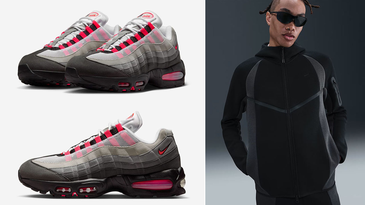 Nike Air Max 95 Solar Red 2025 Shoes x Nike Tech Fleece Mens Black Grey Color Block Zip Hoodie Jacket and Pants Outfit
