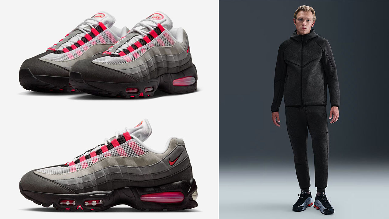 Nike Air Max 95 Solar Red 2025 Shoes x Nike Tech Fleece Mens Black Zip Hoodie Jacket and Jogger Pants Outfit