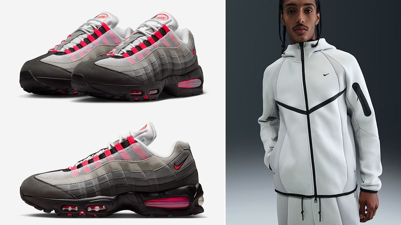 Nike Air Max 95 Solar Red 2025 Shoes x Nike Tech Fleece Mens Grey Color Block Zip Hoodie Jacket and Pants Outfit
