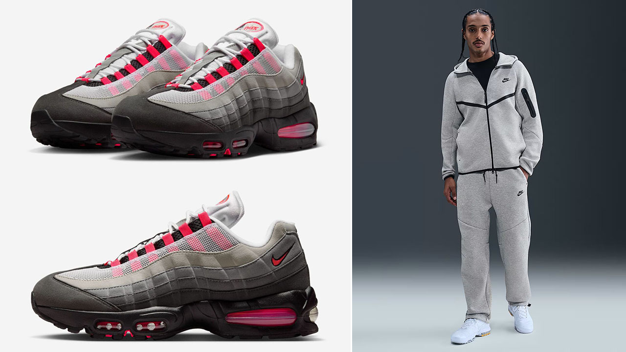 Nike Air Max 95 Solar Red 2025 Shoes x Nike Tech Fleece Mens Grey Heather Zip Hoodie Jacket and Pants Outfit