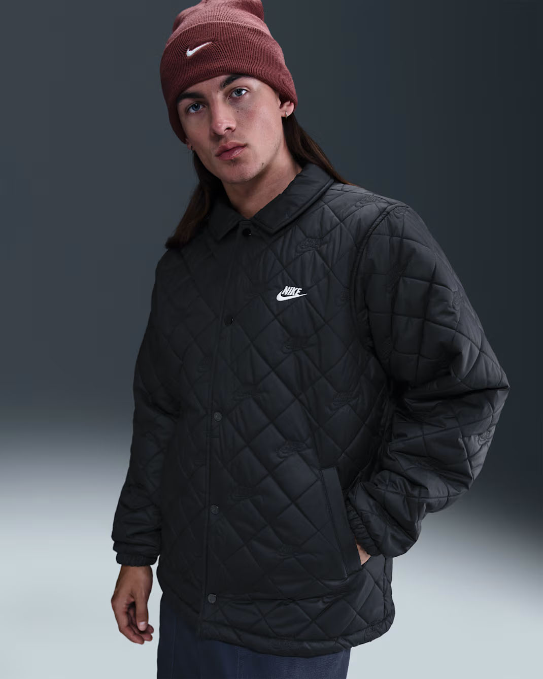 Nike Club Mens Quilted Coaches Jacket Black White