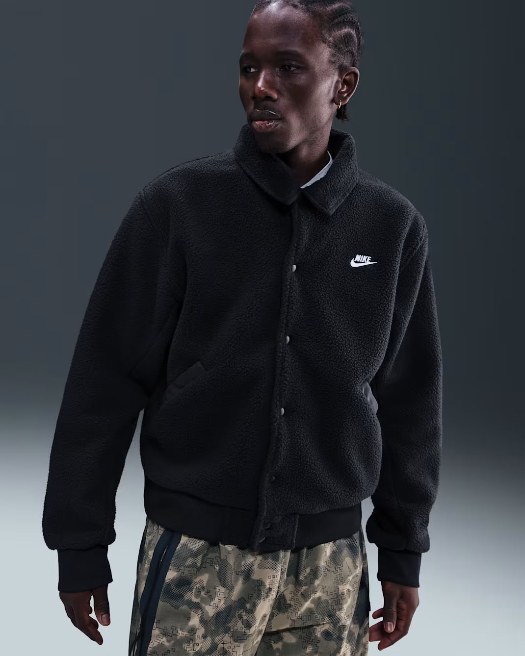 Nike Sportswear Club Mens High Pile Fleece Coaches Jacket Black White