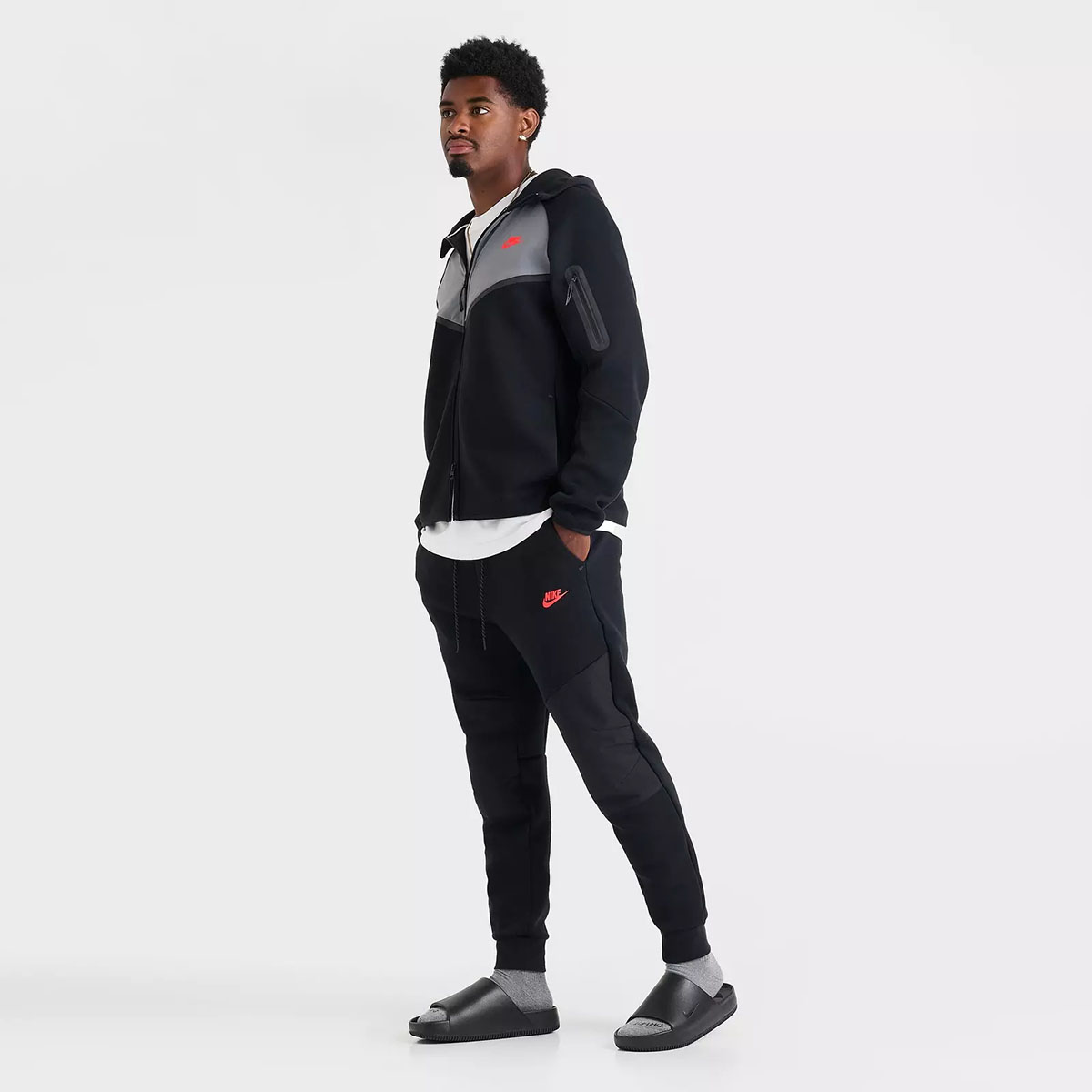 Nike Tech Fleece Full Zip Windrunner Hoodie Jacket and Jogger Pants Black Smoke Grey Bright Crimson