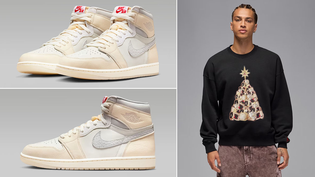 Air Jordan 1 High OG Sail x Jordan Brooklyn Fleece Holiday Mens Black Crew Neck Sweatshirt Outfit
