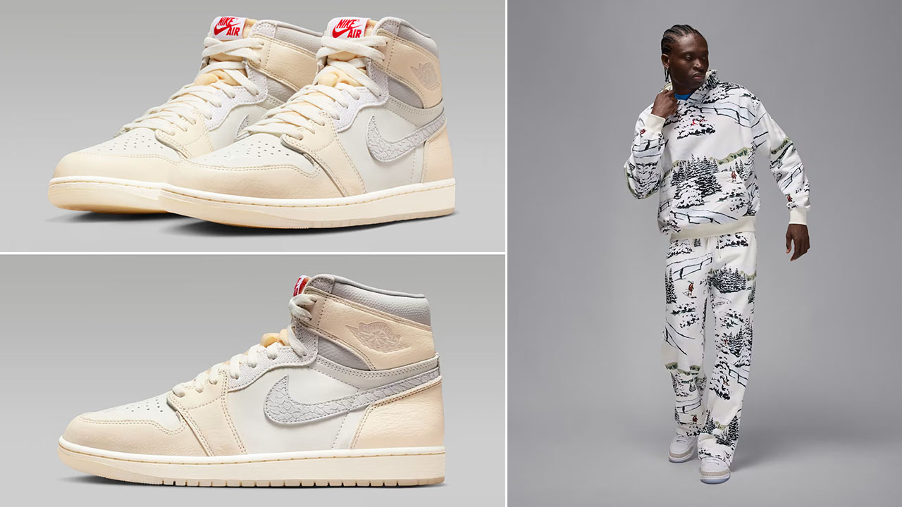 Air Jordan 1 High OG Sail x Jordan Brooklyn Fleece Holiday Mens Sail Mountainside Hoodie and Pants Outfit