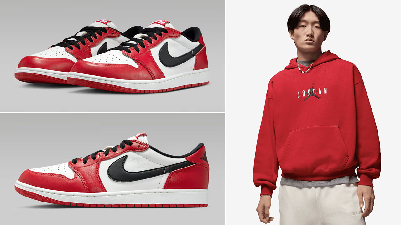 Air Jordan 1 Low OG Chicago 2025 Sneakers and Red Oversized Hoodie Outfit