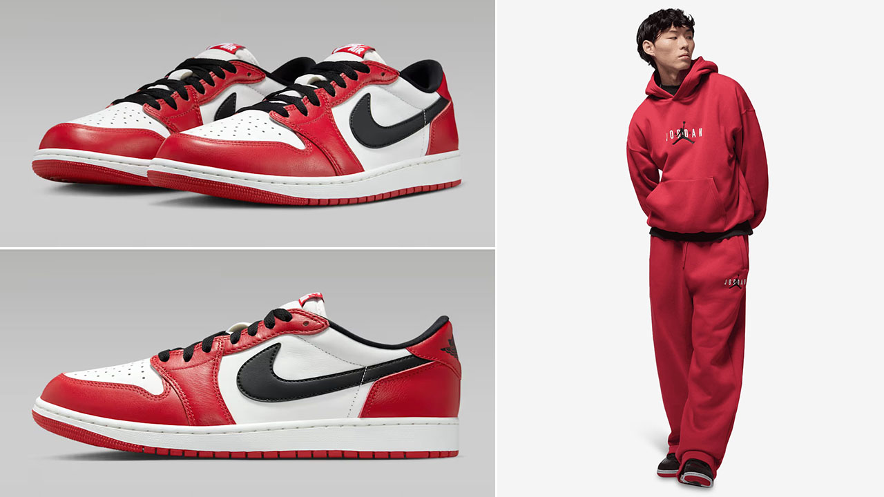 Air Jordan 1 Low OG Chicago 2025 Sneakers and Red Oversized Hoodie and Pants Outfit