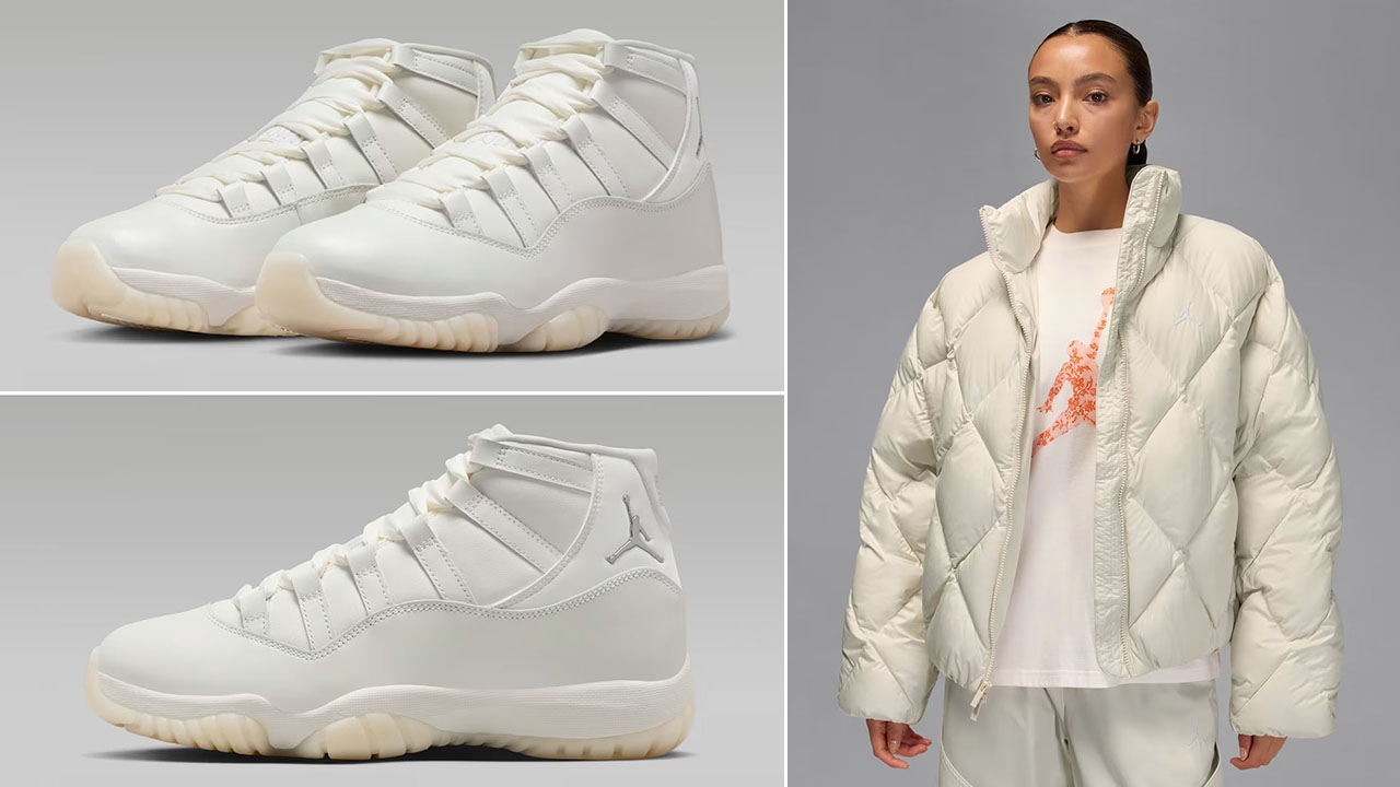 Air Jordan 11 Pearl x Jordan Brooklyn Womens Puffer Jacket Outfit