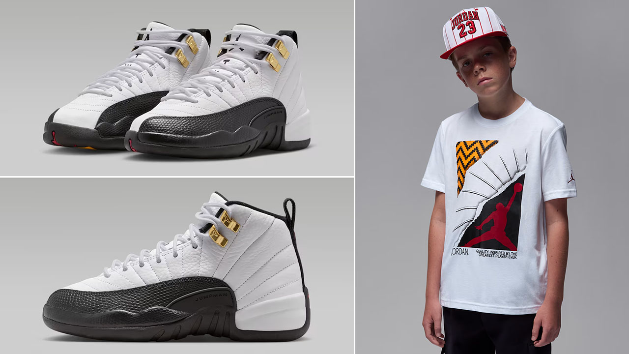 Air Jordan 12 Taxi 2025 Kids Sneakers Boys Grade School T Shirt Outfit