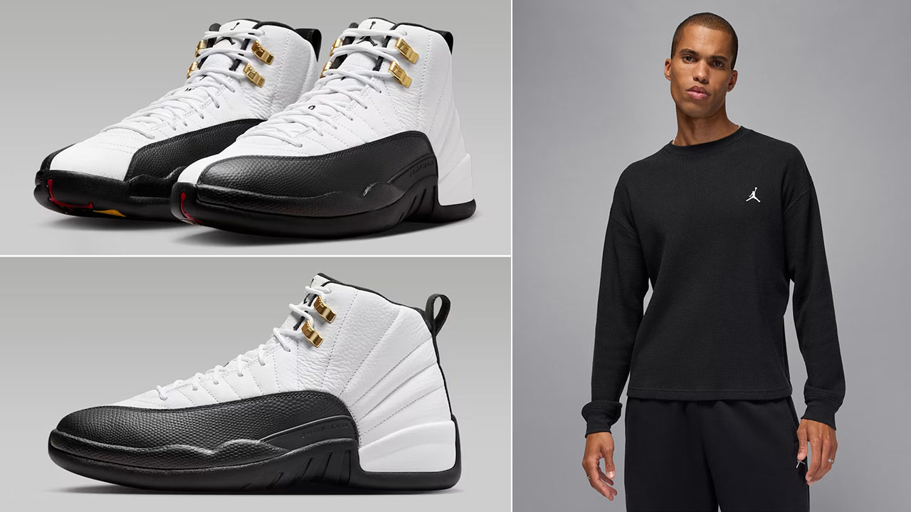 Air Jordan 12 Taxi 2025 x Jordan Flight Mountainside Mens Black White Long Sleeve Waffle Shirt Outfit