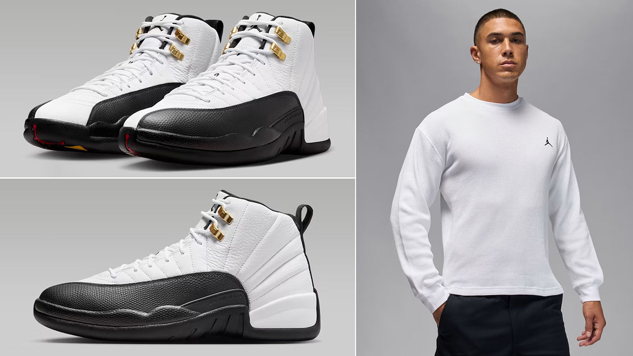 Air Jordan 12 Taxi 2025 x Jordan Flight Mountainside Mens White Black Long Sleeve Waffle Shirt Outfit