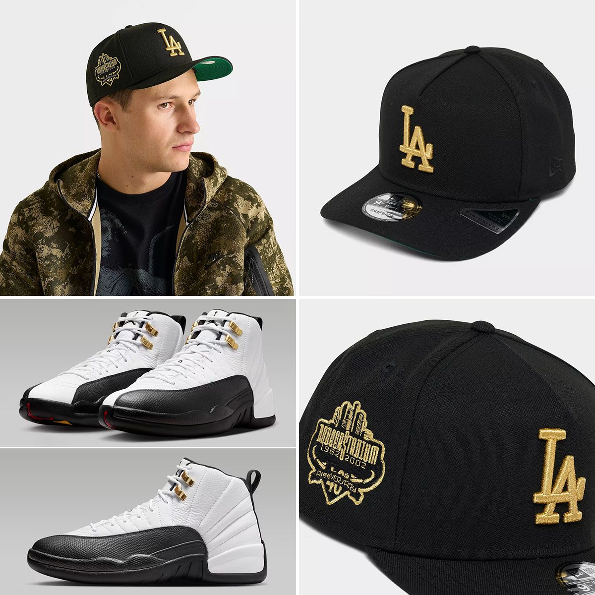 Air Jordan 12 Taxi 2025 x New Era LA Dodgers Black Gold A Frame Snapback Hat