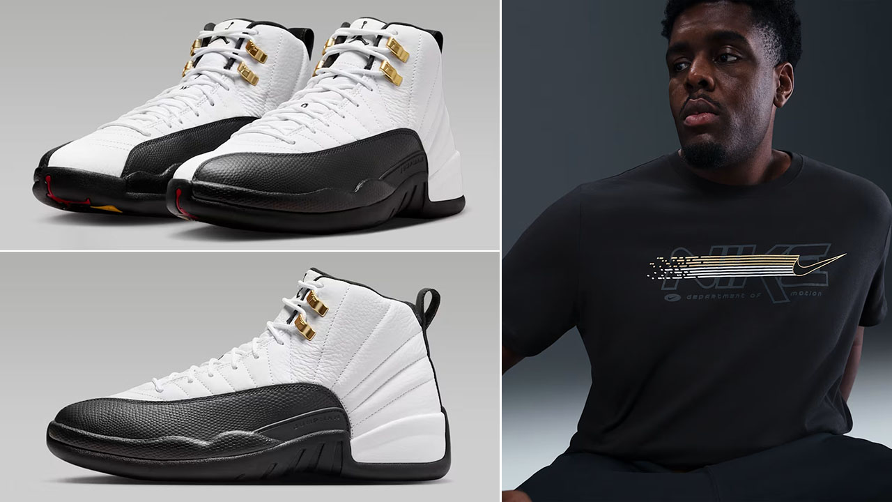 Air Jordan 12 Taxi 2025 x Nike Sportswear Mens Black White Gold T Shirt