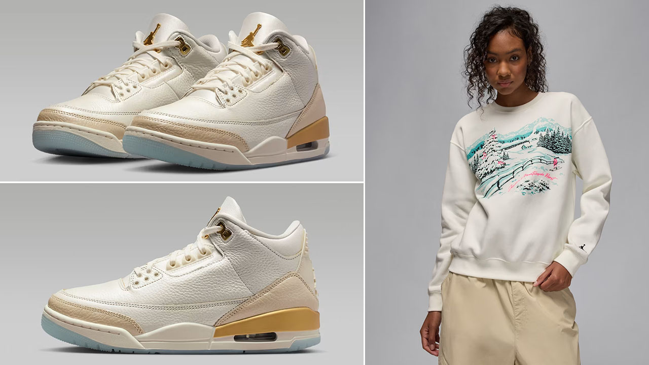 Air Jordan 3 Champagne and Oysters Shoes x Jordan Brooklyn Fleece Womens Holiday 2025 Mountainside Sail Crew Neck Sweatshirt Outfit