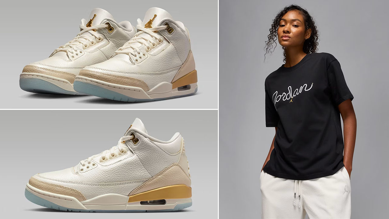 Air Jordan 3 Champagne and Oysters Shoes x Jordan Brooklyn Womens Black Gold T Shirt Outfit