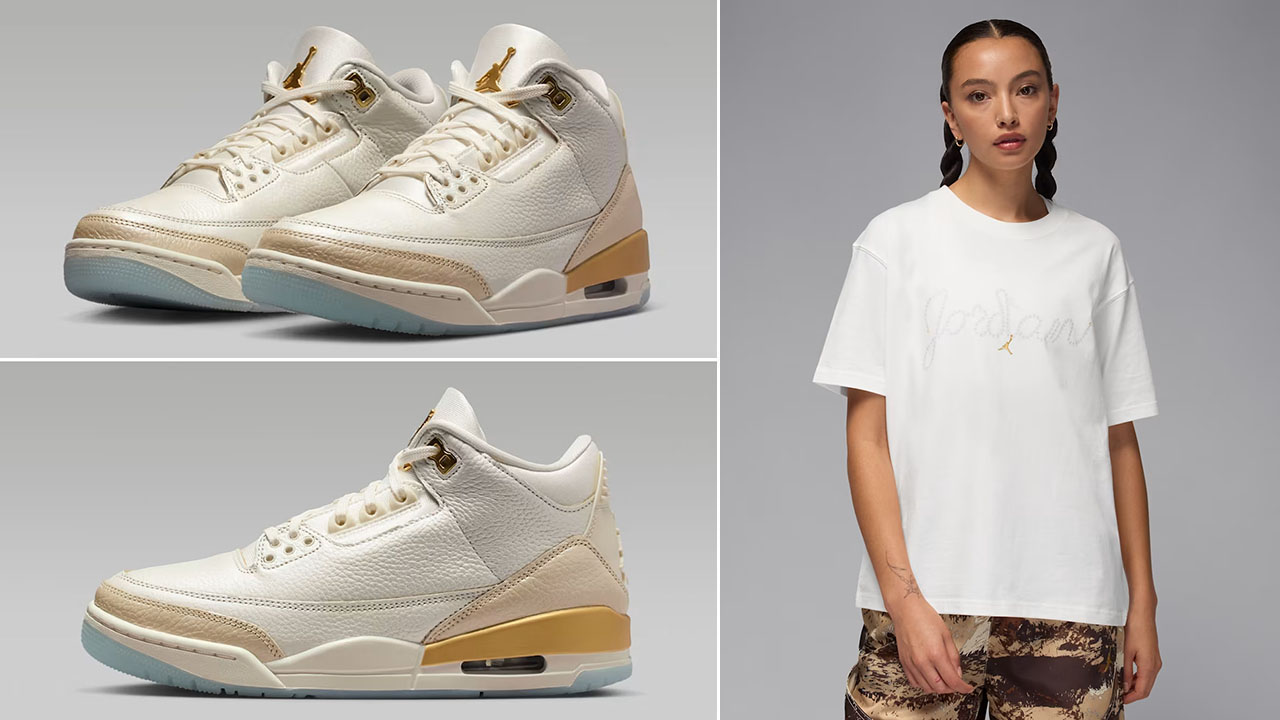 Air Jordan 3 Champagne and Oysters Shoes x Jordan Brooklyn Womens Sail Gold T Shirt Outfit