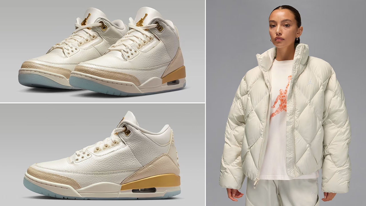 Air Jordan 3 Champagne and Oysters x Jordan Brooklyn Womens Puffer Jacket Outfit