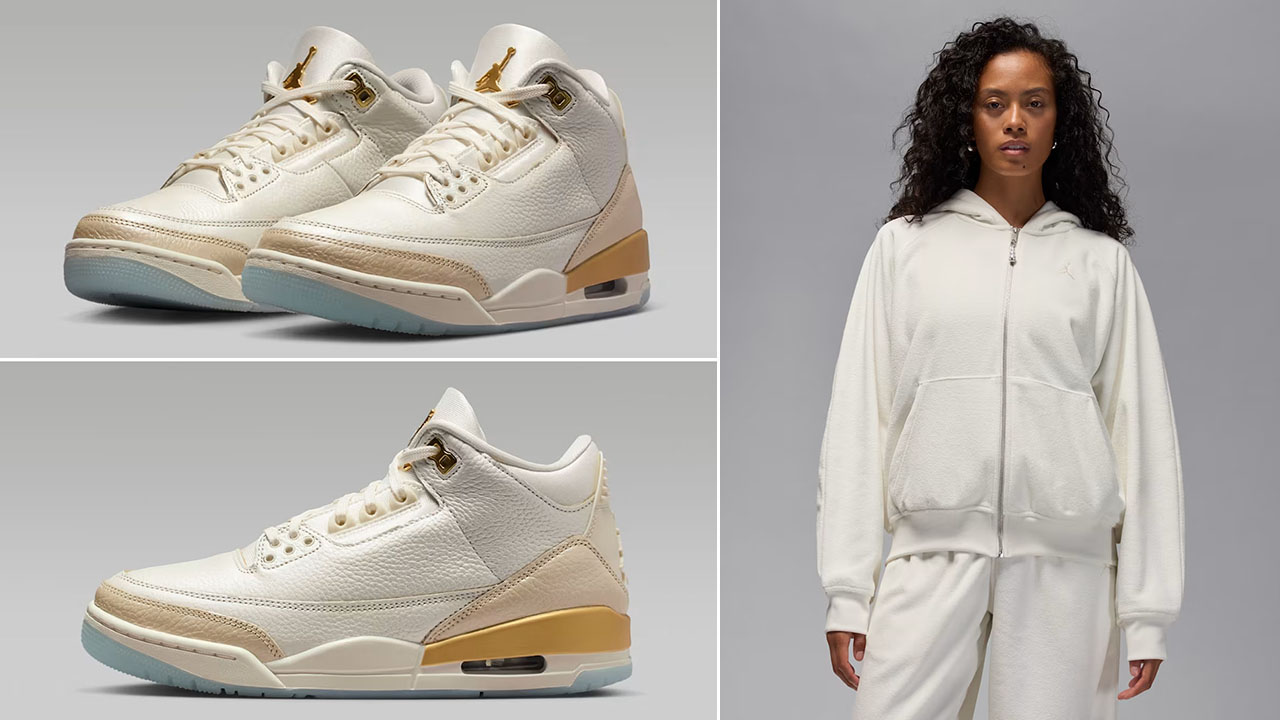 Air Jordan 3 Champagne and Oysters x Jordan Flight Fleece Womens Sail Zip Hoodie Outfit