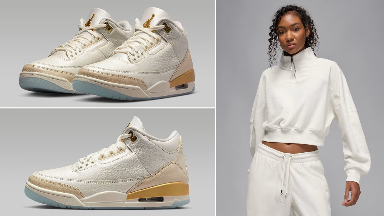Air Jordan 3 Champagne and Oysters x Jordan Flight Fleece Womens Sail Zip Top Outfit