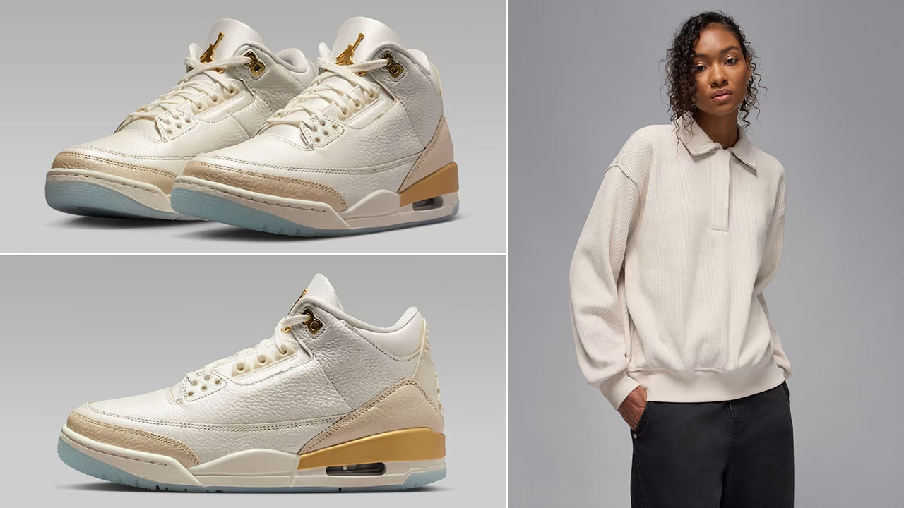 Air Jordan 3 Champagne and Oysters x Jordan Flight Womens Long Sleeve Waffle Top Outfit