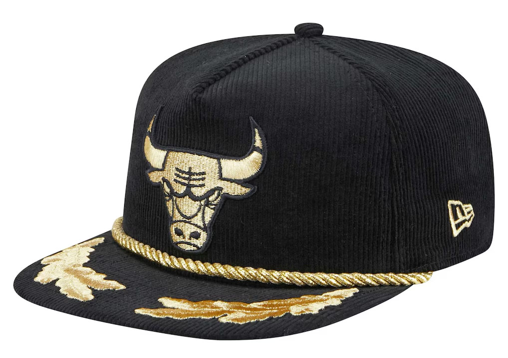 Chicago Bulls New Era Corduroy Gold Leaf Golfer Snapback Hat Black Gold 1