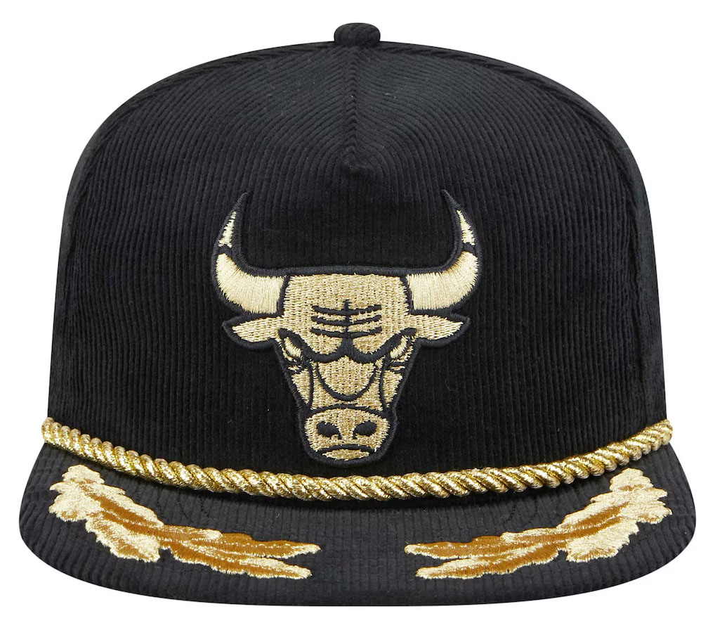 Chicago Bulls New Era Corduroy Gold Leaf Golfer Snapback Hat Black Gold 2
