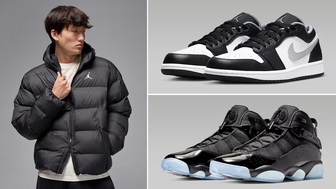 Jordan Brooklyn Mens Puffer Jacket Black White and Air Jordan Sneakers to Match