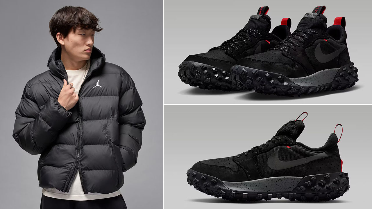 Jordan Brooklyn Mens Puffer Jacket Black White x Air Jordan 1 Element Low AT Sneakers to Match