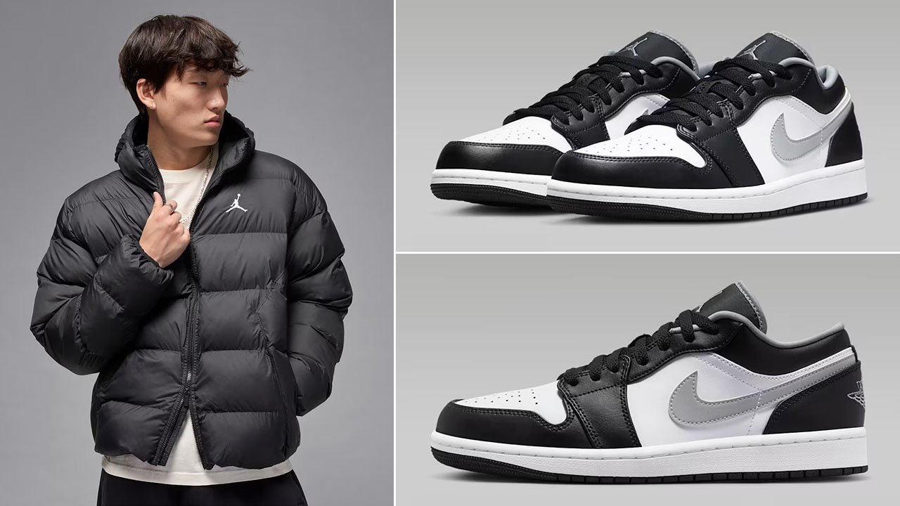 Jordan Brooklyn Mens Puffer Jacket Black White x Air Jordan 1 Low Sneakers to Match