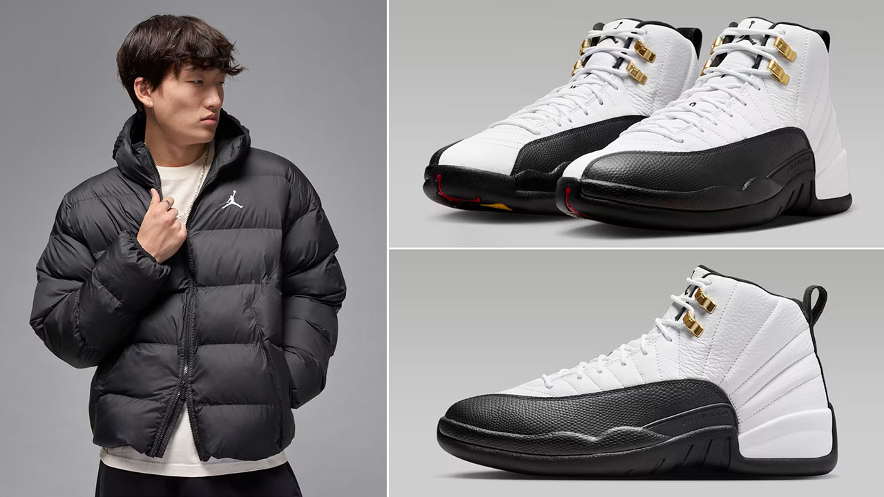 Jordan Brooklyn Mens Puffer Jacket Black White x Air Jordan 12 Taxi Sneakers to Match