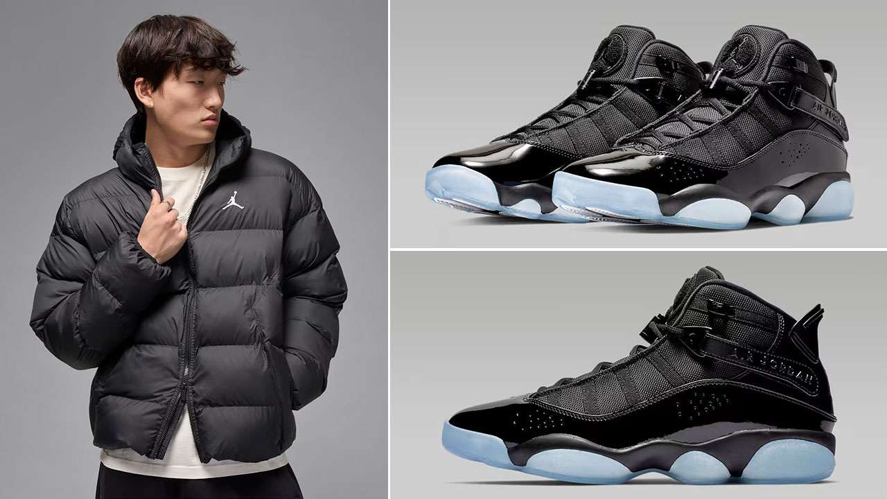 Jordan Brooklyn Mens Puffer Jacket Black White x Air Jordan 6 Rings Sneakers to Match
