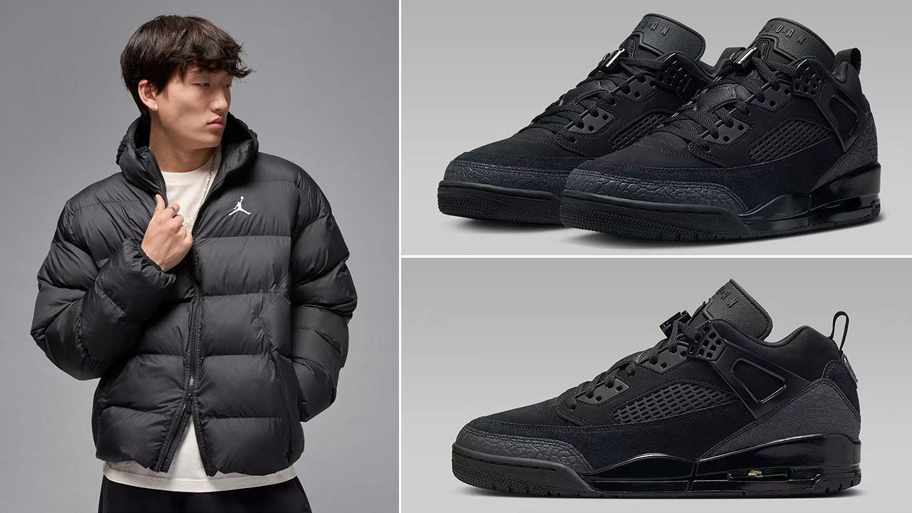 Jordan Brooklyn Mens Puffer Jacket Black White x Jordan Spizike Low Black Cat Sneakers to Match