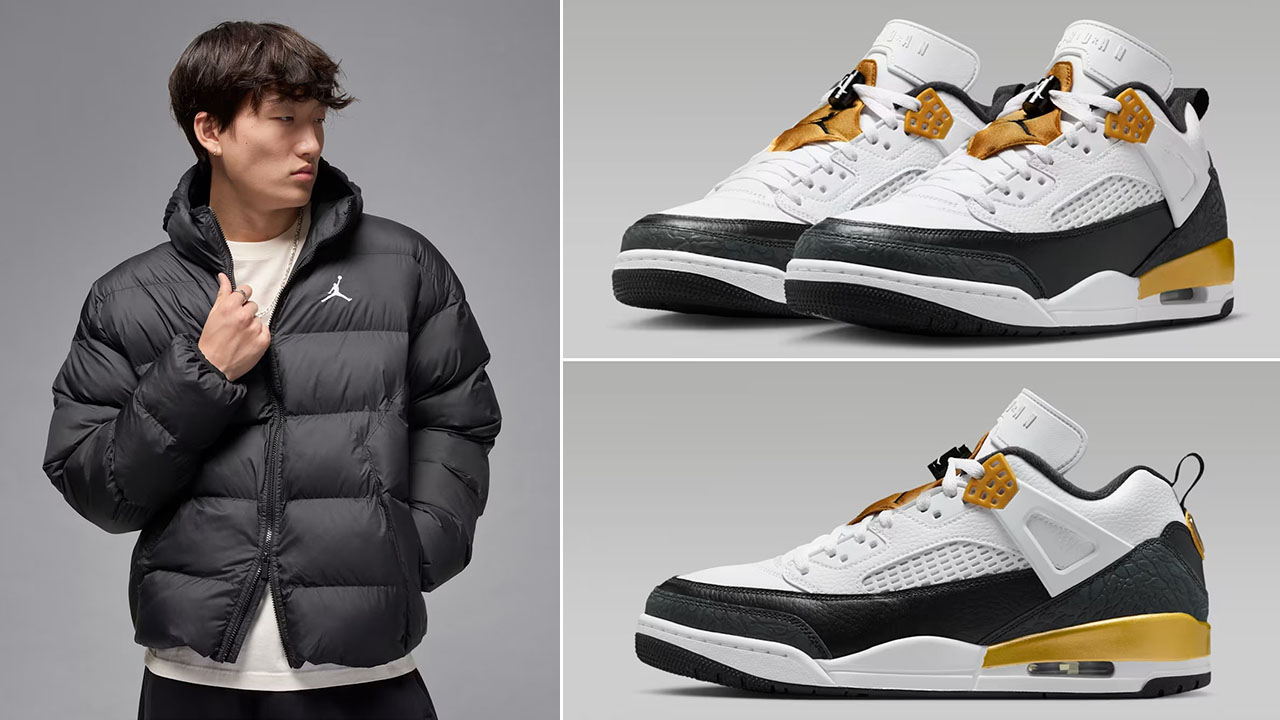 Jordan Brooklyn Mens Puffer Jacket Black White x Jordan Spizike Low Taxi Sneakers to Match